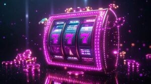 A close-up of a tablet displaying an online slot game with vibrant graphics